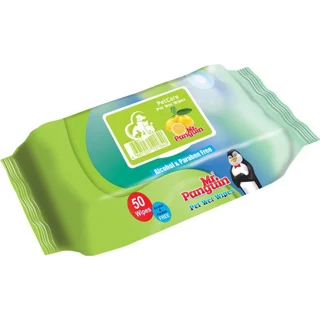 دستمال مرطوب مستر پنگوئن پاکتی درب دار سایز 15*20 رایحه لیمو 50 برگی